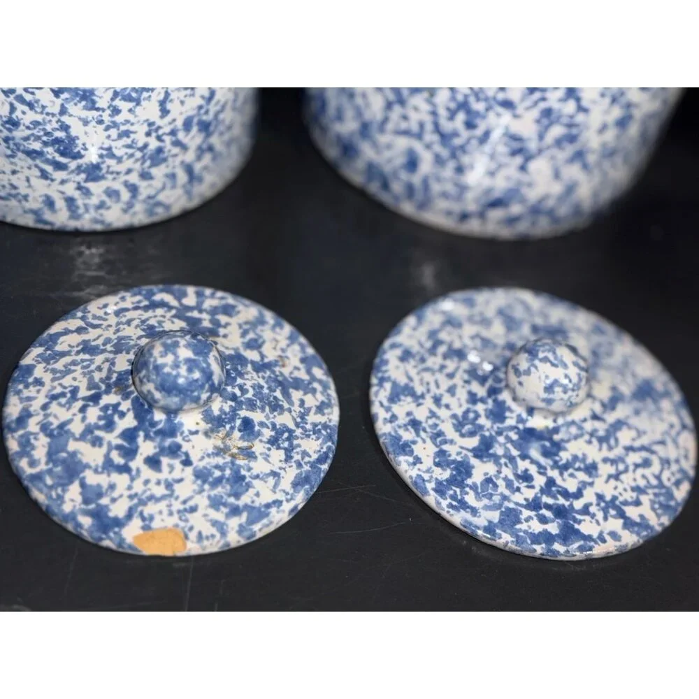 Blue Spongeware Large Storage Jars & Lids Crock Pair Of 7” And 9” - Picture 4 of 12